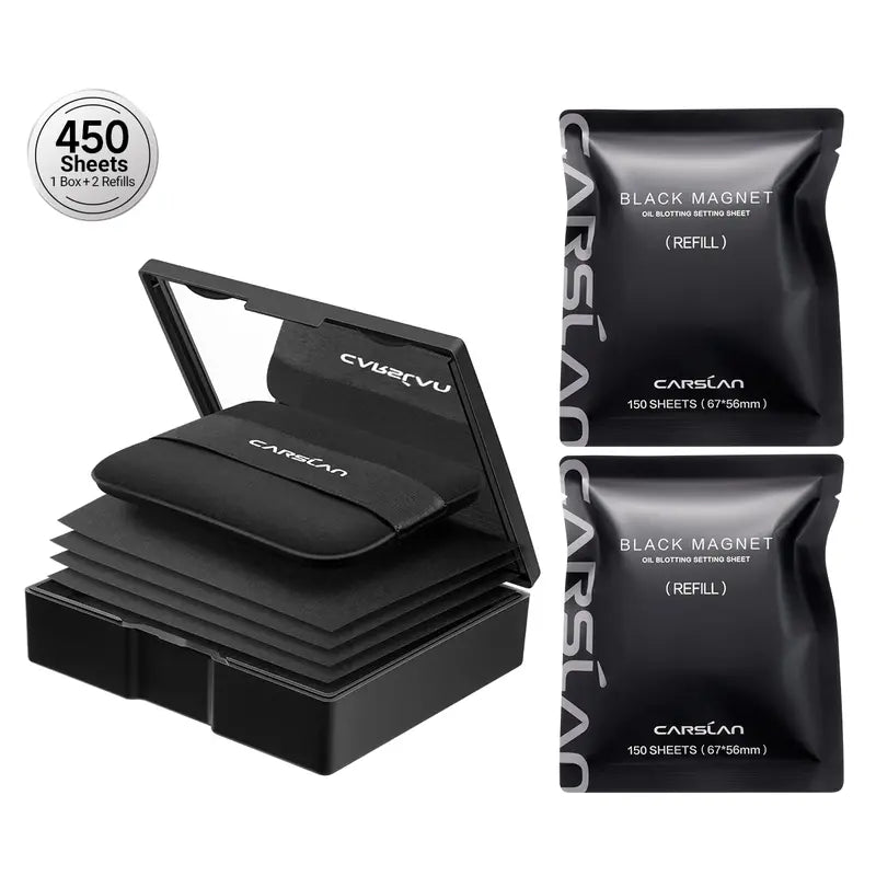 CARSLAN Black Magnet Oil Blotting Setting Sheet With Powder, 450 Sheets 1 Box 2 Refills