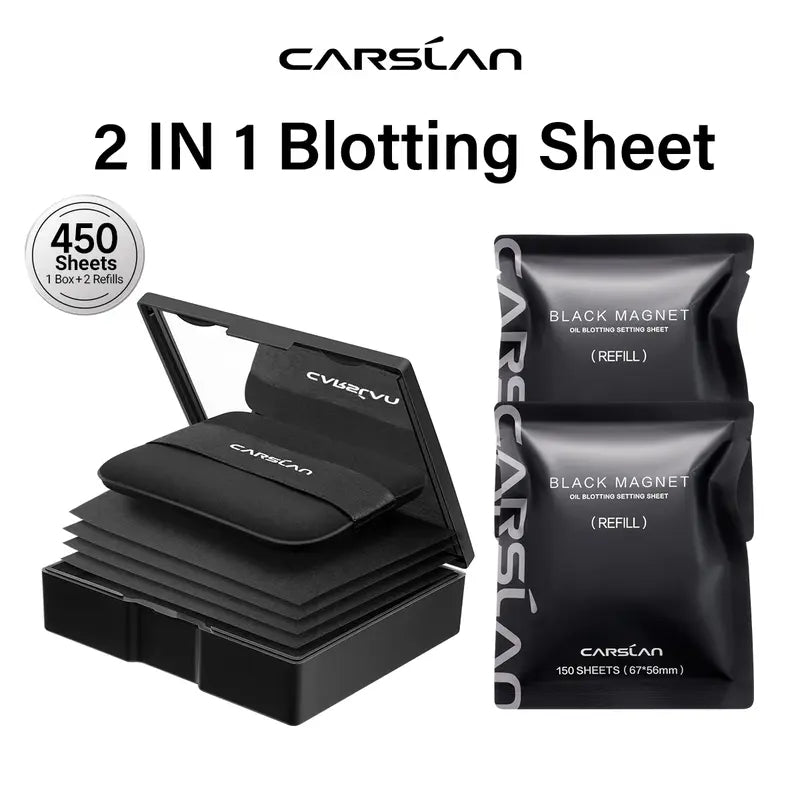 CARSLAN Black Magnet Oil Blotting Setting Sheet With Powder, 450 Sheets 1 Box 2 Refills