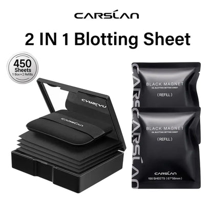 CARSLAN Black Magnet Oil Blotting Setting Sheet With Powder, 450 Sheets 1 Box 2 Refills