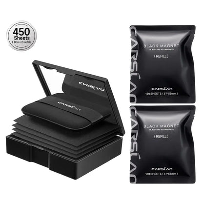 CARSLAN Black Magnet Oil Blotting Setting Sheet With Powder, 450 Sheets 1 Box 2 Refills