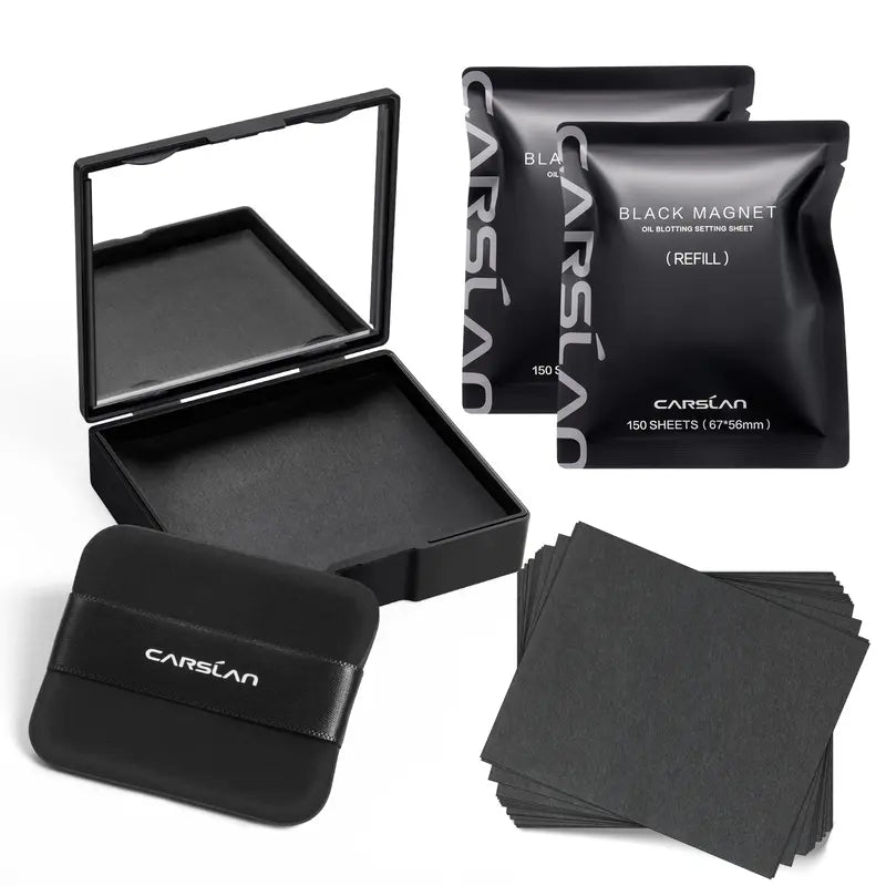 CARSLAN Black Magnet Oil Blotting Setting Sheet With Powder, 450 Sheets 1 Box 2 Refills